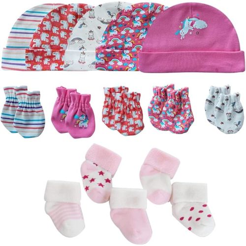 MAMIMAKA Newborn Baby Boy Girl Caps Mittens Socks Set Cotton Baby Essentials Accessories (Hats+Gloves+Socks)