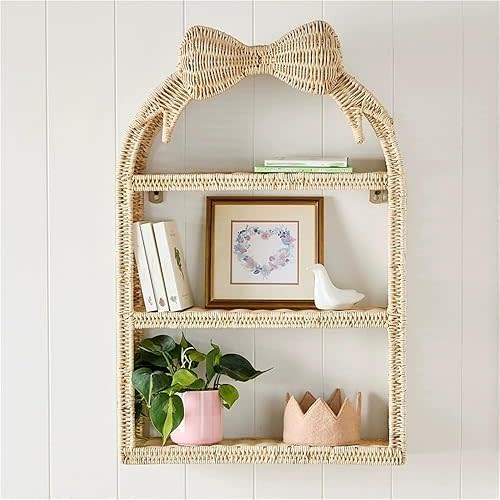 Practical Rattan Bookshelf, Decorative Wall Shelf with Bowknot Design, Floating Shelves for Wall, Small Decorative Shelf for Living Room, Bedroom or Entryway