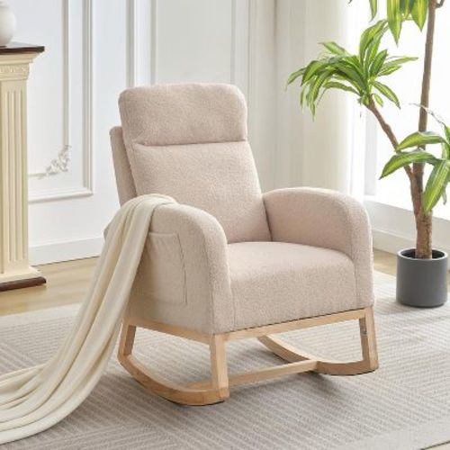 Modern Nursery Rocking Chair, Teddy Upholstered Glider with High Backrest and Armrests for Nursery, Beige