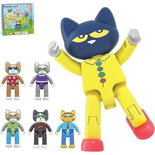 PicassoTiles 6pcs Pete The Cat Magnetic Figures Family Animal Action Character Toddler Toys Magnet Expansion Pack Building Blocks Add-on Educational STEM Learning Kit Construction Brain Tiles PTC01