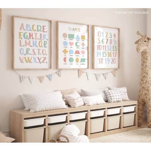 Set of 3 Pastel Educational Nursery Prints, Shapes Print, Alphabet Chart, Numbers Chart, Girl Decor, Playroom Prints