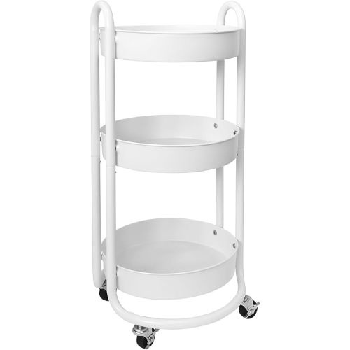 HOMESTEAD Round Rolling Side Table Cart, 3 Tier Metal Utility, 60 lb Heavy Duty, 15″ Diameter, Lockable 360° Casters, Powder-Coat Storage for Kitchen, Bedroom, Office, Bath 15.7" x 14.9" x 31.5" White