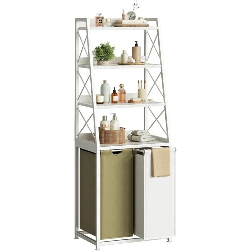 Laundry Basket, 2 Section Laundry Hamper with 4 Tiers Shelf, Pull-Out and Removable Laundry Bags, Large 2 x 15.87 Gallons, for Bedroom Bathroom White PF11XLE