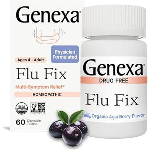 Genexa Flu Fix | Multi-Symptom Flu Remedy for Kids & Adults | Relieves Aches, Fever, Congestion | Acai Berry Flavor | Organic & Non-GMO | Homeopathic Remedy Made Clean | 60 Chewable Tablets, Ages 4+​