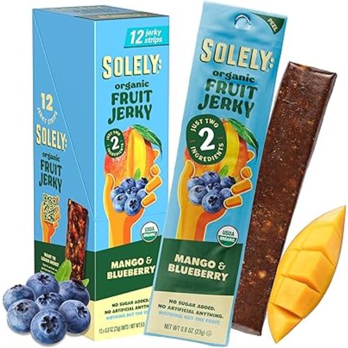 SOLELY - Organic Mango Blueberry Fruit Jerky - 12 Individually Wrapped Strips - Fruit Leather Made from Dried Fruit - Healthy Snacks for Adults & Kids - Non GMO, Vegan Snacks - 0.8oz (23g)