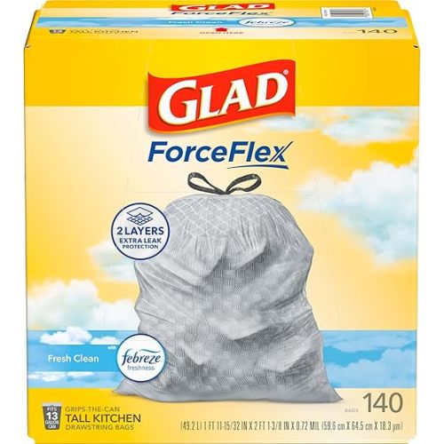 Glad ForceFlex Tall Kitchen Trash Bags, 13 Gallon, Fresh Clean, 140 Count (Package May Vary)