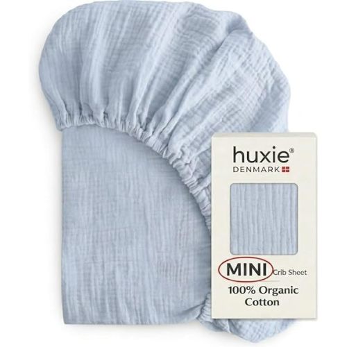Huxie Mini Crib Sheets - Organic Cotton Muslin Fitted MINI 24"x 38" Crib Sheet for Pack and Play - Ultra-Soft and Breathable Crib Sheets for Boys (Baby Blue)