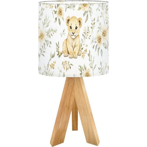 Cute Kids Bedside Desk Table Lamp Cute Animal Jungle Lion Cub Yellow Flowers Green Leaves Floral Pattern Children Nightstand Lamp, Tripod Small Night Lights Linen for Nursery Room Bedroom Dorm Decor