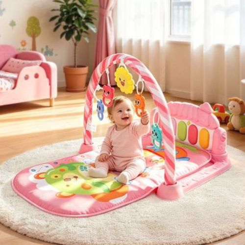 GOTGELIF Baby Play Mat with Musical Piano, Hanging Rattles & Light-Up Toys, Pink Tummy Time Activity Gym for Infants 0-12 Months