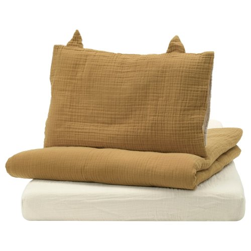 GULDVÄVARE 3-piece bedlinen set for crib - dark yellow/beige 27 1/2x52 "