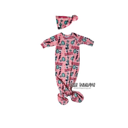 Howdy Pink Western Newborn Baby Girl Knotted Gown Bow on Nylon Bow Headwrap Top Knot Messy Wrap Rose Knot Knotted Hat