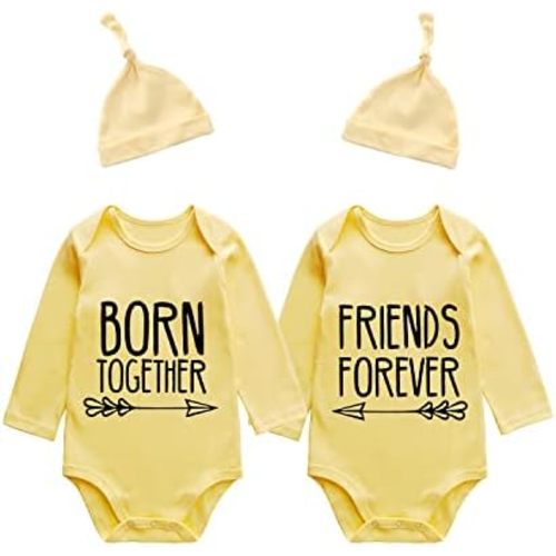 YSCULBUTOL 2-Pack Baby Twins Bodysuits Born Together Friends Forever Long Sleeves Infant Twin Unisex Romper Outfits