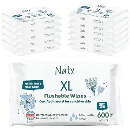 Naty Flushable XL Baby Wipes - Unscented, 100% Plant-Based, Plastic-Free, Fragrance-Free, Hypoallergenic for sensitive skin and Dermatologically Tested (XL - 600 Count - 12 Packs of 50)