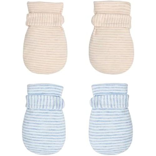 Newborn Baby No Scratch Mittens Stay On, 100% Cotton Breathable, Adjustable Infant Gloves for Baby Boys Girls Mittens (Khaki/Blue Stripe, 0-3 Months)