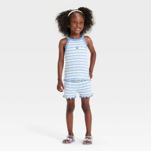 Toddler Girls' 2pc Striped Knit Tank Top and Shorts Set - Cat & Jack™ Blue 12M