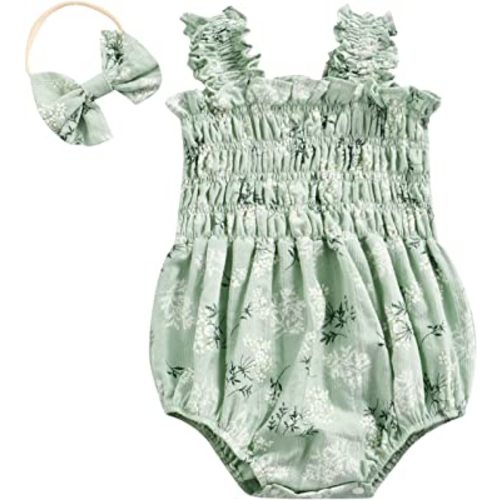 Newborn Baby Girl Bodysuit Sleeveless Halter Frill Romper One-piece Jumpsuit with Headband Summer Clothes Set