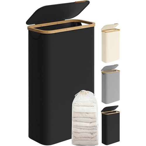 SONGMICS Laundry Hamper with Lid, Slim Laundry Basket, 17.2 Gallons (65L), Space-Saving, Removable Mesh Liner, Bamboo Handles, Collapsible, 16.5 x 8.9 x 27.8 Inches, Ink Black ULCB506B01