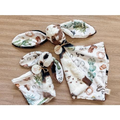 Cowhide Bunny Lovey: Soft Minky Western Cactus Cowboy Baby Security Blanket