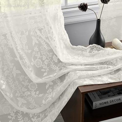 FINECITY Lace Curtains for Living Room - Country Branch Leaf Floral Sheer Lace Curtains 96 Inch Length, Scalloped Macrame Cream Lace Panel Curtains for Windows, 52 x 96 Inch, 2 Panels, Ivory/Cream