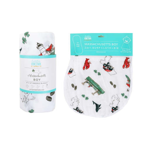 Gift Set: Massachusetts Baby Muslin Swaddle Blanket and Burp Cloth/Bib Combo