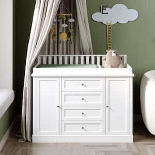 White Wood Changing Table, Kids Dresser Chest Cabinet with 4-Shelves, Changing Top and 4-Drawers