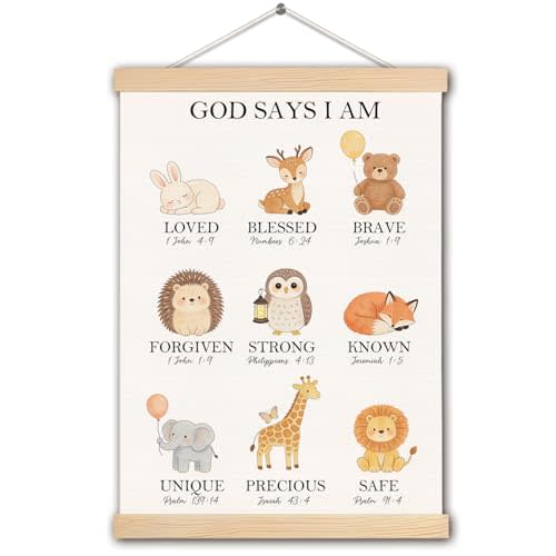 TAZSWDMM Animal Christian Nursery Poster Wall Art Framed, God Says I Am Inspirational Bible Verse Canvas Prints Wall Decor for Nursery Toddler Kids Room Playroom Home, 12x16 Inch