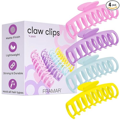 FRAMAR Large Claw Clips For Thick Hair – Large Hair Clip For Thick Hair, Big Hair Clips For Women, Hair Claws Clips For Women, Pastel Hair Clips, Pastel Claw Clip - 4 Pack Non Slip Matte Finish
