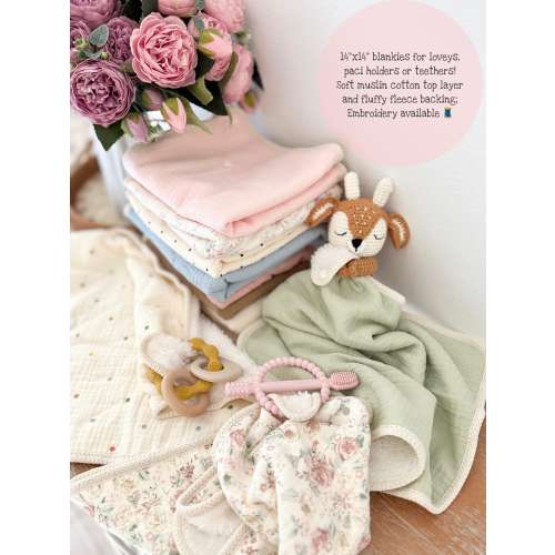 Personalized Baby Washcloth, Muslin Cotton + Fleece Blankie (14x14)