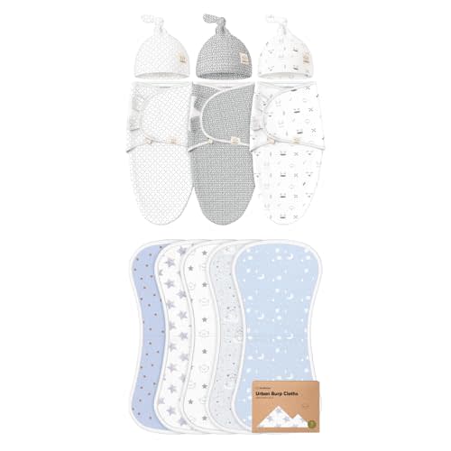 KeaBabies 3-Pack Swaddles with Hats for Newborns and 5-Pack Burp Cloths for Baby Boys and Girls - Soft and Breathable Baby Sleeping Swaddle Wrap with Beanie Set - Ultra Absorbent Burping Cloth