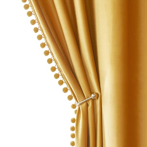 MIULEE Mustard Yellow Pom Pom Velvet Curtains for Fall Bedroom/Living Room Darkening Thermal Insulating 84 Inches Long Blackout Curtains with Rod Pocket for Kid Room/Nursery/Home Theater Set of 2