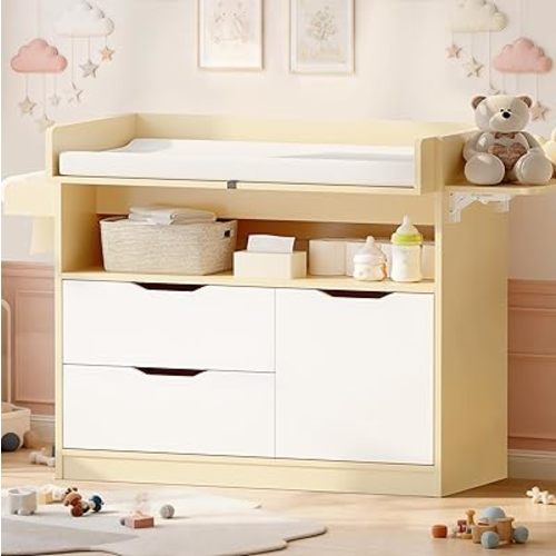 Baby Changing Table Dresser with 3 Drawers and 1 Storage Shelves, Can be Used as a Baby Dresser with Pad, a Changing Table with Drawers (Light Wooden and White)