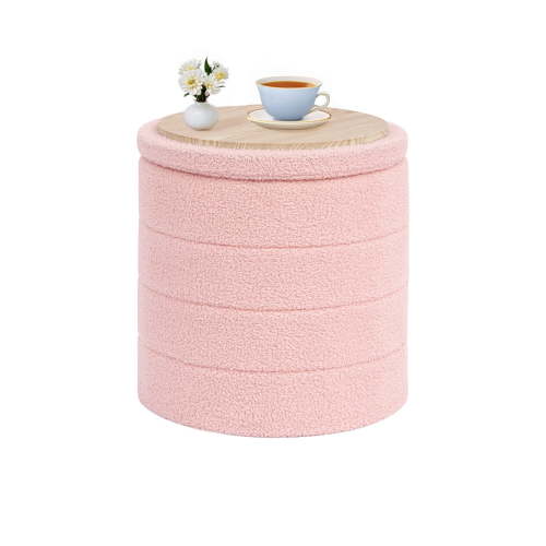 B FSOBEIIALEO 16.9inch Collapsible Storage Ottoman Round with Tray Teddy Fabric Living Room Bedroom Ottoman with Storage(Pink)