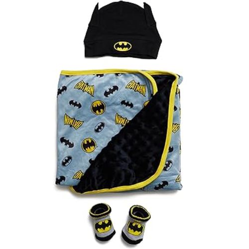 BATMAN Baby Boys Blanket, Hat, and Socks Set Baby Plush Polar Fleece Blanket 35x35 Baby Gifts (Black/Yellow, 0-12 Months)