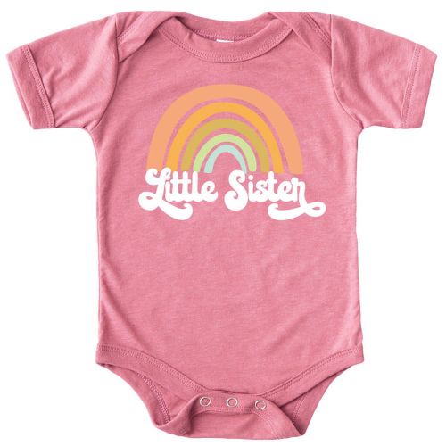 Retro Rainbow Little Sister Sibling Reveal Announcement Bodysuit for Baby Girls Sibling Outfits White on Mauve Bodysuit Newborn