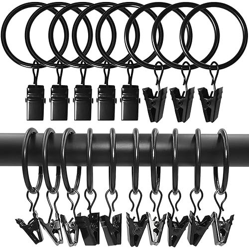 LLPJS 100 Pack Curtain Rings with Clips, Curtain Clip Rings Hooks, Bow Hanger Clips for Hanging Drapery Drapes Bows, Ring 1.26 inch Interior Diameter, Fits up to 1" Rod, Black