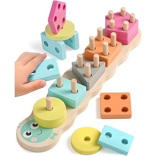 Zeewoo Montessori Toys for 1 2 Year Old Girl Gifts Educational for 1-3 Year Old Caterpillar Wooden Shape Sorter Stacking Toys for Toddlers 2-4 Preschool Learning Toy Birthday Boy Girl Gift