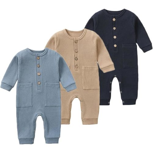 BeiVSlley Newborn Baby Boy Girl 2 Pack Button Solid Romper Infant Long sleeve Knit Cotton Footless Outfits Clothes