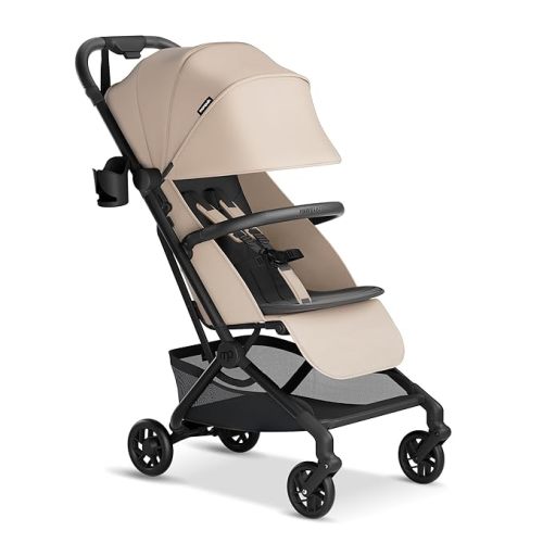 Mompush Velo Lightweight Travel Stroller, Compact & Airplane-Friendly for Baby and Toddler, Lie-Flat Seat, One-Hand Fold, with Leather Bumper Bar, Shoulder Strap, Raincover, Storage Bag & Cup Holder