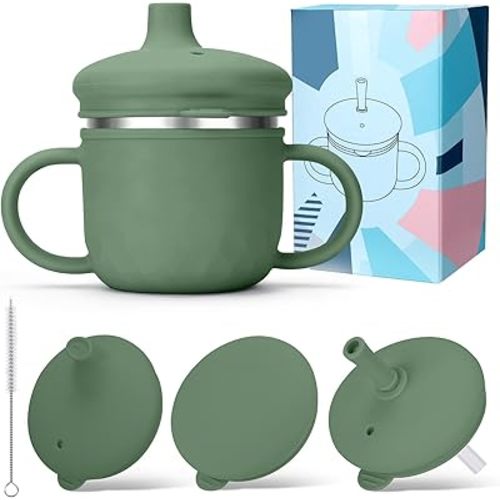 BUSOHA Stainless Steel Toddler Sippy Cup – 8oz Spill-Proof Straw Cup for 6+ Month Babies & Toddlers, 3-in-1 Reusable Travel Cup with Brush – Dishwasher Safe, Kids Drinking Cup,Dark Green