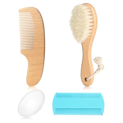 Baby Hair Brush and Comb Set, 4 in 1 Wooden Natural Goat Bristles Brush+Comb+ White Cradle Cap Brush Grooming Kit for Newborns Toddlers Boys Girls