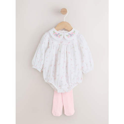 White/Pink Ditsy Baby Bloomer Rompers Set 2 Piece with Tights (0mths-3yrs)