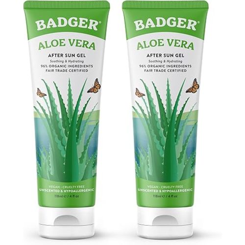 Badger Organic Aloe Vera Gel for Face & Body, 96% Pure Unscented Organic Aloe Gel for Cooling, Soothing, Non-Sticky Sunburn Relief, Vegan, Fair Trade & Hypoallergenic, 4 fl oz, 2-Pack