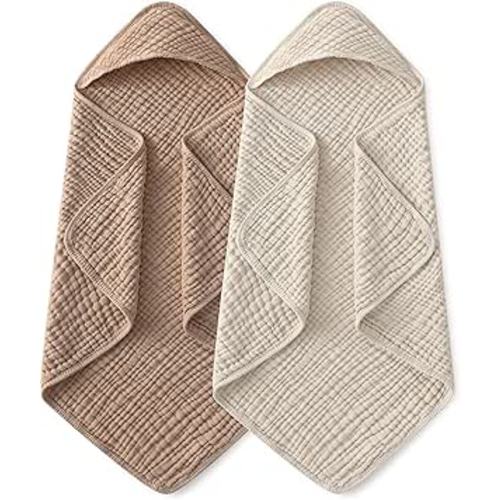 Yoofoss Hooded Baby Towels for Newborn 2 Pack 100% Muslin Organic Cotton Baby Bath Towel with Hood for Babies, Infant, Toddler and Kids, 32x32Inch, Soft and Absorbent Newborn Essential, Beige&Coffee