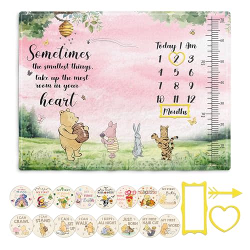 Winnie Quotes Milestone Blanket for Baby, Pink Baby Blanket Growth Chart, Newborn Photography Background Decor, with 8pcs Double-sided Printed Holiday Cardstock 30*40in, Christmas Decor Photo Gift