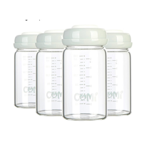 COMI Wide Neck Glass Breastmilk Collection n Storage Bottle, 4 Packs, 6oz with Screw Ring Sealing Disk; Re-markable Sealing Disc. BPA Free, Fits Breast Pumps & Nipples (4 Gray Lids)