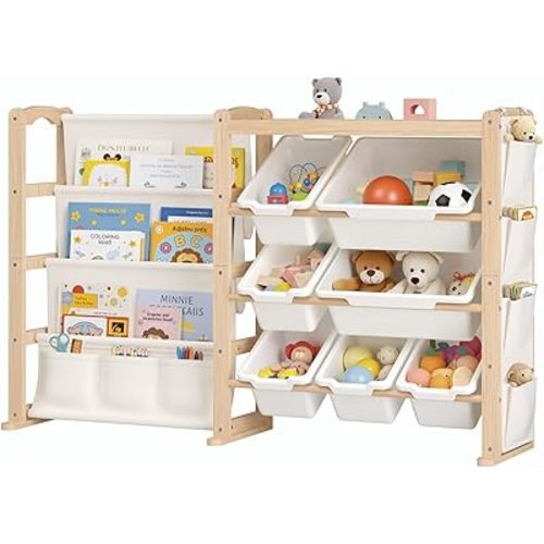 Fodoss Book Shelf for Kids Rooms - Toy Storage Organizer with Bookshelf, Solid Wood Kids Bookshelf with 7 Bins, Side Storage Pockets, Large Toy Organization for Nursery, Natural Pine