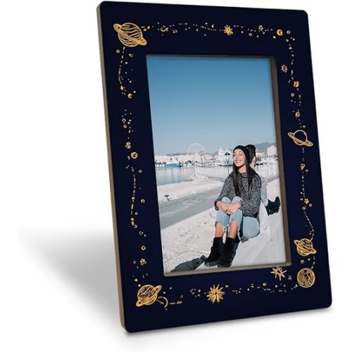 Galaxy Space Picture Frame, Golden Planets and Stars Design Picture Frame Fitting a 4 x 6 Inch Photo, Display on Table Top Desk, Cosmic Astronomy Themed Photo Frames, Space Lovers Gift