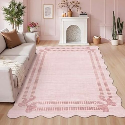 Latte&Fog 5x7 Pink Rug for Girls Bedroom, Washable Scalloped Bow Area Rugs for Living Room, Kitchen, Vintage Floral Throw Rug for Kids Nursery, Non-Slip Soft Carpets for Bathroom, Beside, Dorm, Office