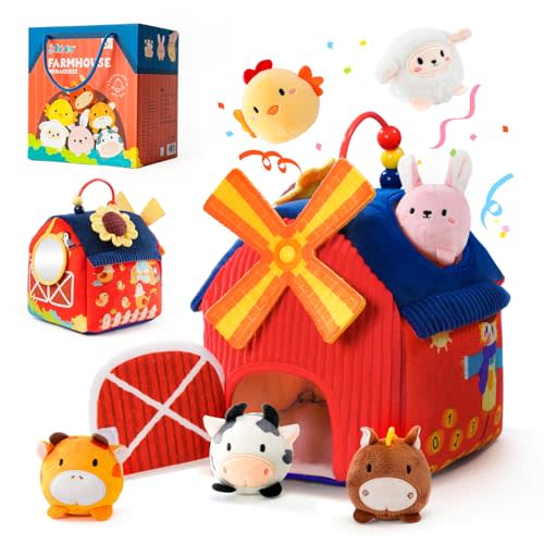 Jollybaby Montessori Farm Barn Stuffed Animals Toys for Baby 6-12-36 Months | Soft Plush Farm Barn Animals Play Set - Sensory Developmental Toy with Rattle, Crinkle & Mirror, Baby Birthday Gifts