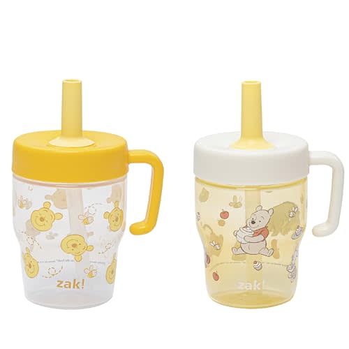Zak Designs Winnie the Pooh Capri 10oz Leak-Proof Toddler Cups, 2-Pack | BPA Free, Plastic, Sippy Cups, Handle, Cup Holder Friendly, Dishwasher Safe, Easy to Clean, For Preschool, Home or Daycare